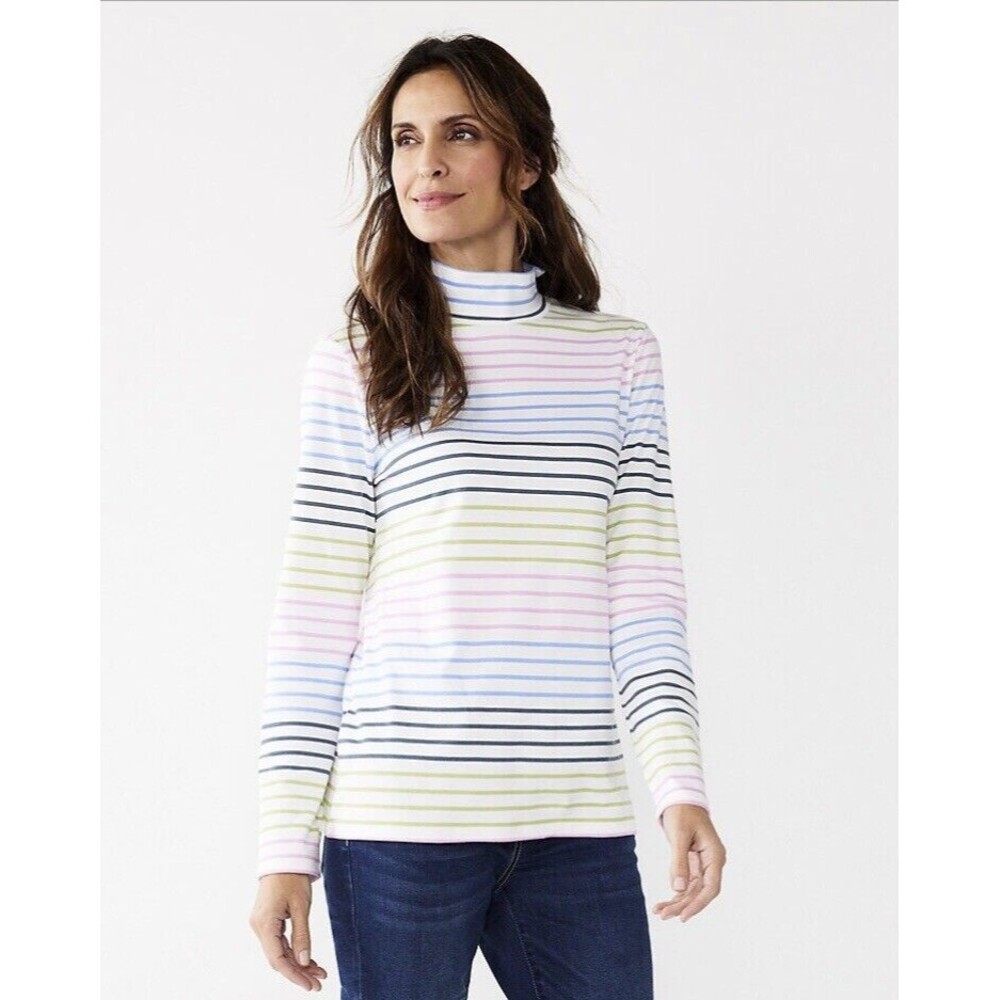 CROFT&BARROW SIZE L 100% COTTON LONG SLEEVE MOCK -NECK WHITE/MULTIC STRIPED hgd